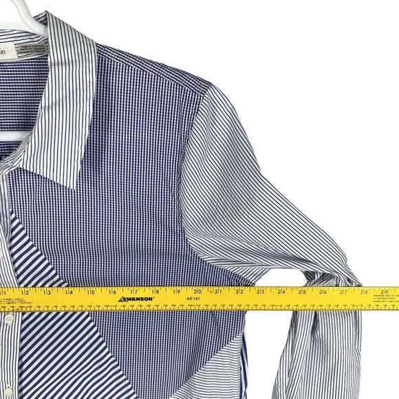 Calvin Klein Womens XL Purple Gingham Striped Patchwork Button Up Shirt Office - Picture 10 of 16